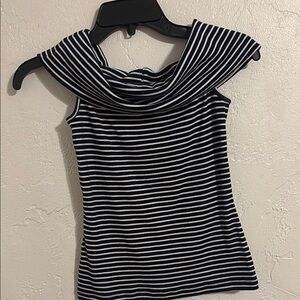 LOFT Navy and White Drape or Off the Shoulder Collar Tank Top